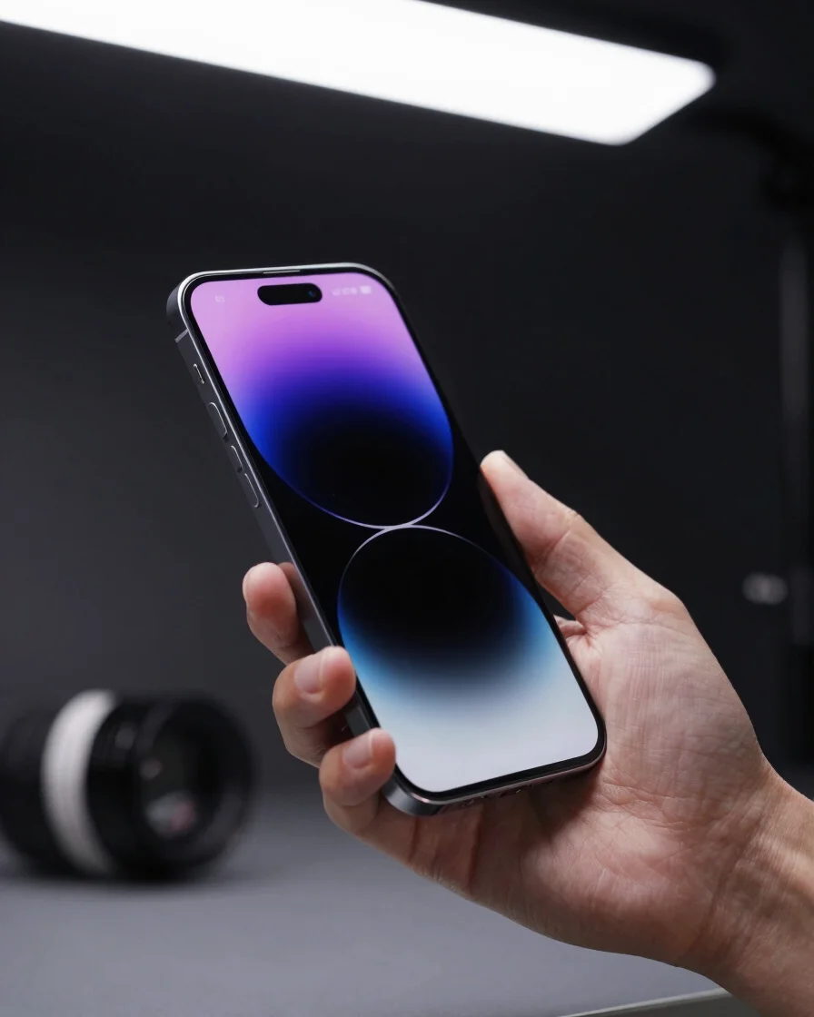 Close-up de mão segurando um smartphone moderno em bancada de tes